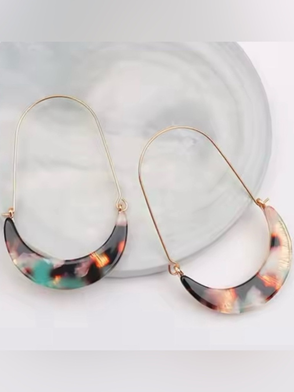 Anthropologie Rainbow Tortoise Confetti Marbled Crescent Moon Gold Wire Hoops